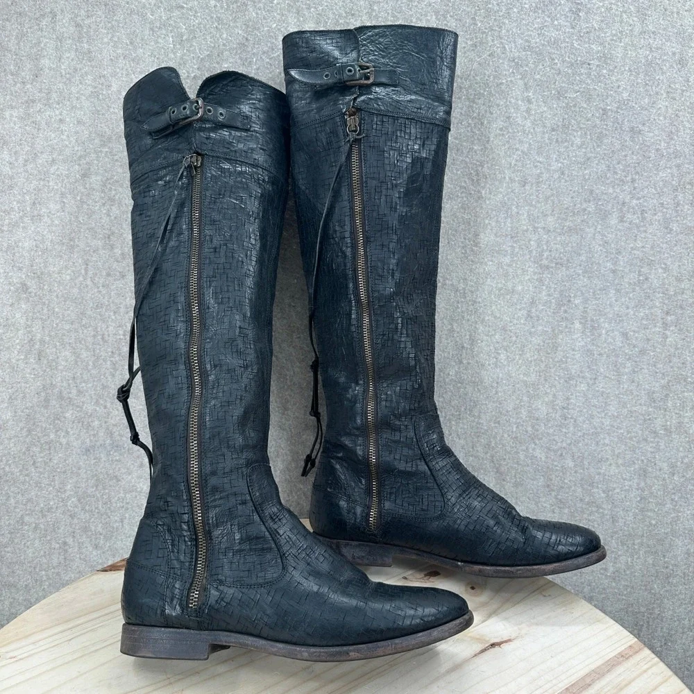 UGG Nicoletta Tall Boots Womens 10 Black Leather Over The Knee Flat Weave